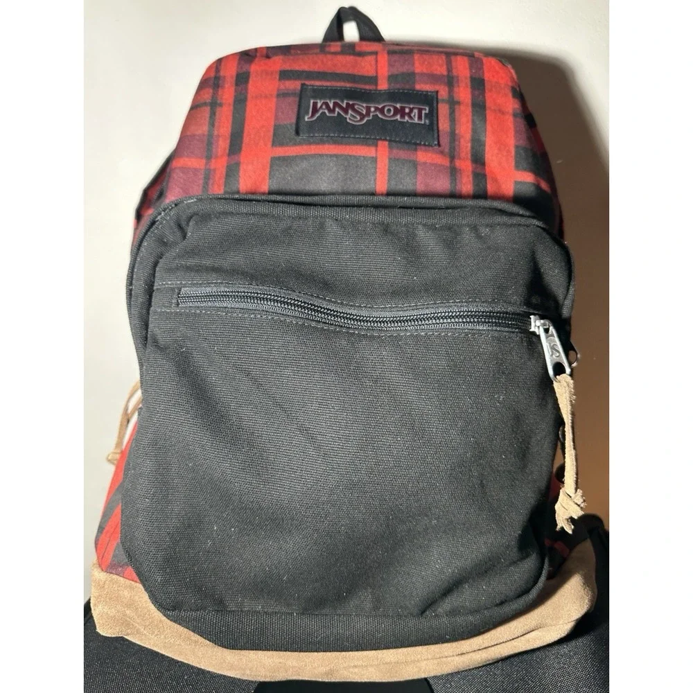 JanSport Right Pack Student School Backpack Red Diamond Plaid Suede bottom Great
